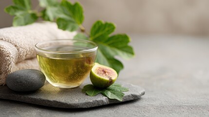 Benefits of Fig Leaf Tea. A soothing herbal tea with a lime slice on a stone surface, surrounded by green leaves.