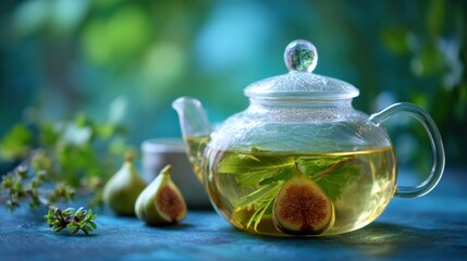 Benefits of Fig Leaf Tea. A glass teapot with herbal tea and figs, set against a soft green background.