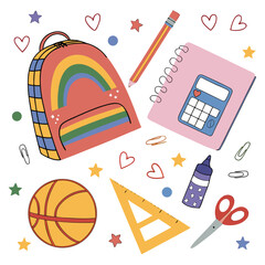 School supplies vector illustration including backpack notebook and stationery perfect for back-to-school designs and educational materials