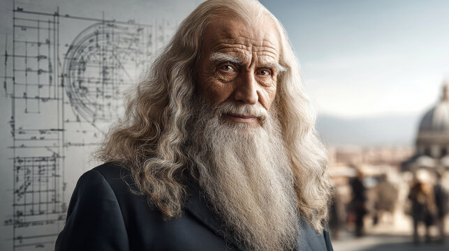 Elderly man with long white beard and architectural sketches