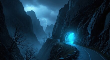 Scenic mountain road leading to a glowing tunnel with a stormy sky above it