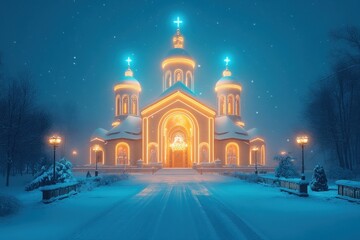 Obraz premium Snow-covered church illuminated at night.