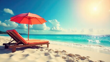 Fototapeta premium Sun-drenched beach scene, vibrant colors, summer holiday vibes, perfect for travel, tourism, or vacation-themed projects Evokes a feeling of carefree summer fun and relaxation , heat, vacation