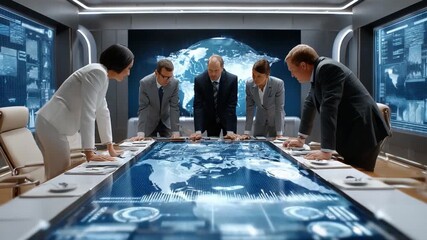 Strategic Summit: A team of serious individuals gather around a conference table, focused on the projection of a global map. - Powered by Adobe