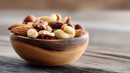 A wooden bowl filled with a variety of healthy mixed nuts, including almonds, cashews, walnuts, and hazelnuts, on a rustic wooden surface