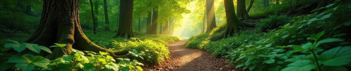 Fototapeta premium Sun-dappled path winding through a lush, vibrant forest, sunlight filtering through the canopy, creating dappled light on the forest floor , stillness, fauna, quiet