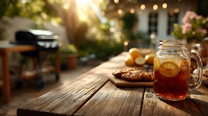 Empty wooden picnic table in the foreground of a sun-drenched backyard. A refreshing pitcher of iced tea with lemon slices sits on the table, warm and inviting.