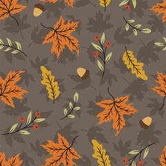 Autumn Maple Leaves and Acorns Vector Seamless Pattern