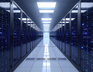 Server room with rows of dark cabinets, lit from above