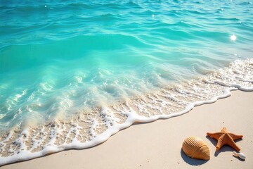 Obraz premium Sun-drenched beach scene, vibrant turquoise water lapping gently at the shore, seashells scattered on the sand, perfect summer escape , shoreline, summer