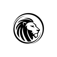 Bold black and white graphic logo featuring a majestic lion's head in profile, facing right within a circular frame.