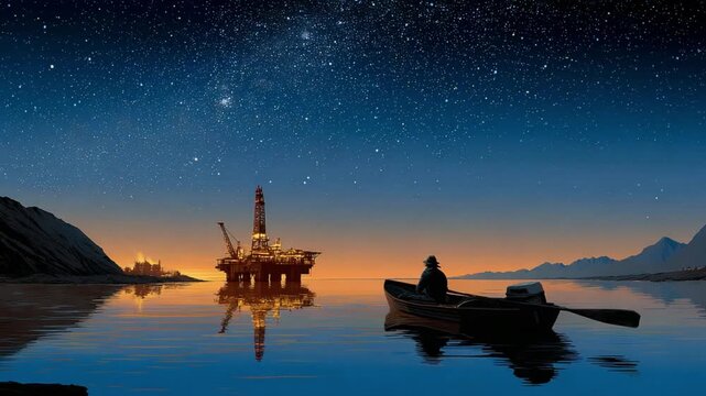 Night's Serenade at the Rig: A lone rower navigates a tranquil lake beneath a starlit canvas, the oil rig silhouetted by a warm glow, reflecting on the water's surface and creating a dreamy ambiance.