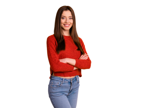 Photo of attractive gorgeous nice cute millennial ceo standing confident with arms crossed smiling toothily isolated over yellow vivid color background