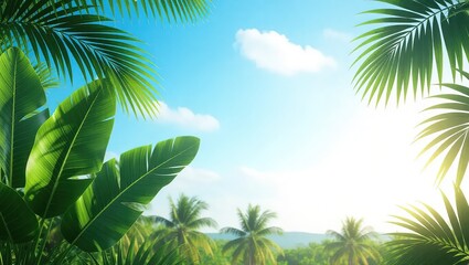 Fototapeta premium Lush tropical foliage frames a bright, sunny sky with distant pa