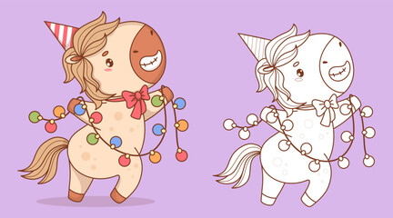 Happy Pony in Birthday Cap with Garland. Coloring book. Color and Outline Line drawing Funny Holiday cartoon kawaii animal. Vector illustration. 2026 Horse Eastern calendar, Horse symbol year. Not AI