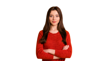 Photo of cheerful cute nice pretty sweet gorgeous freelancer with arms crossed standing confidently isolated over vivid color yellow background