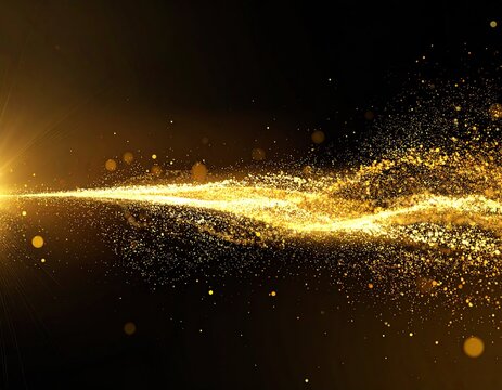 Gold particles stream across a dark background, radiating light