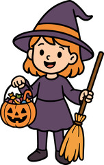 a girl dressed in witch costume with broom and pumpkin basket