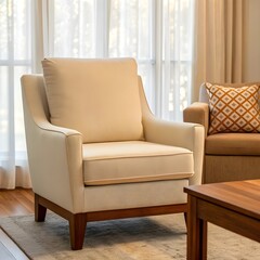 Comfort & Light: A beautifully illuminated living space, featuring a luxurious armchair, sofa, and a side table with clean lines, offering an inviting atmosphere of serenity and relaxation.