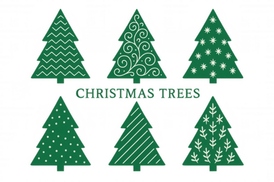 Christmas trees set featuring various decorative patterns, celebrating winter holidays and festive seasons, vector illustration - Powered by Adobe