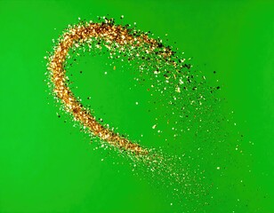 Golden glitter swirling in a circle on a vibrant green background