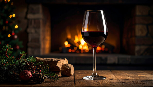 Copy space close up red wine in the glass placed with blurry furnace with pine tree as background dark themed