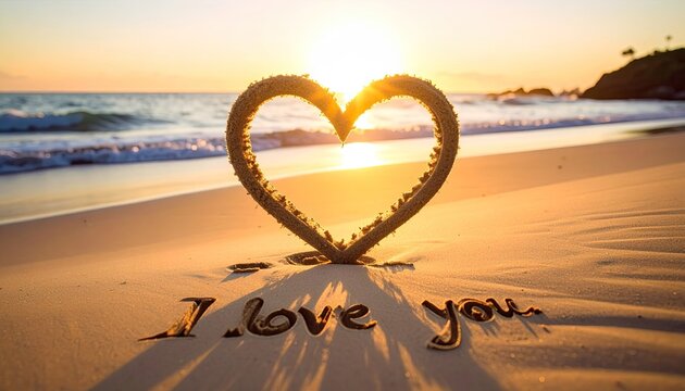 Heart of sand on beach at sunrise, "I love you" written in the sand