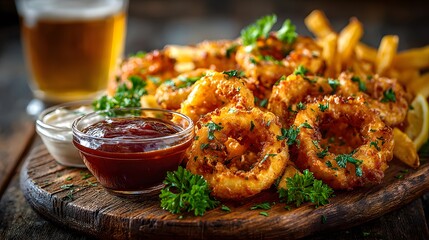 Crispy golden-brown onion rings and salted french fries served on a rustic wooden platter. They come with dipping sauces and are garnished with fresh parsley.