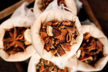Dried Spices and Seasonings in Cloth Bags - Chili Peppers, Cinnamon, Star Anise for Cooking