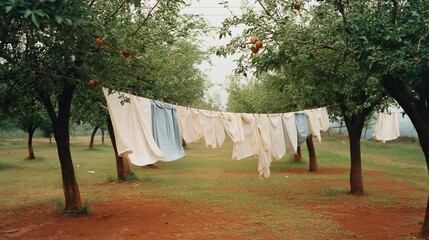 Laundry Hanging in a Serene Orchard Setting