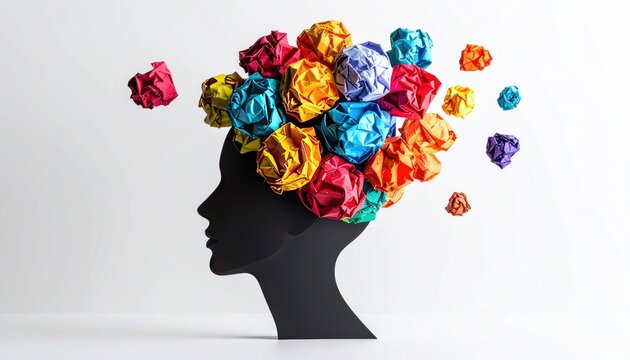 Silhouette head with colorful crumpled paper representing creative ideas - Powered by Adobe