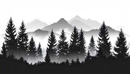 Silhouette of misty mountain forest
