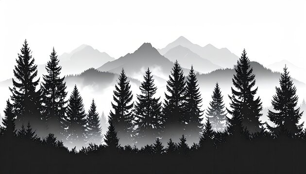Silhouette of misty mountain forest