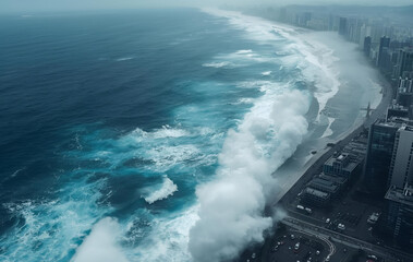 massive tsunami sea wave crashing into a city