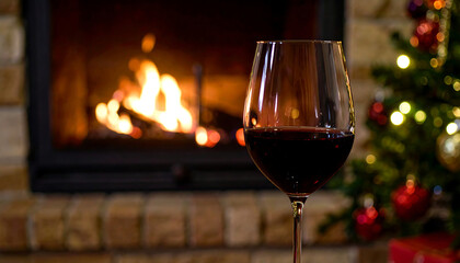 Copy space close up red wine in the glass placed with blurry furnace with pine tree as background dark themed