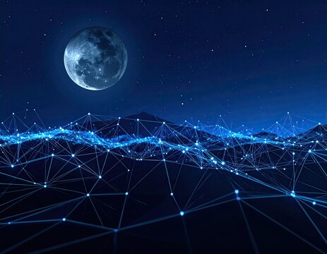 Night landscape with moon and glowing network