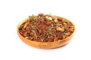 Hot Spicy Szechuan Spice Collection with Anise and Cinnamon in Wooden Pot Bowl