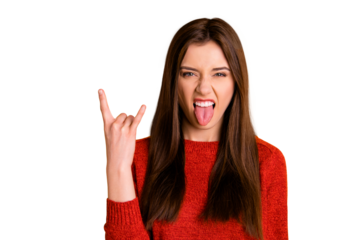 Photo of cruel rude rock fan showing you fingers crossed sticking tongue out isolated over vivid color background