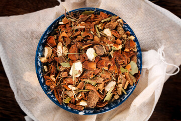 Hot Spice Collection - Mixed Dried Herbs and Spices in Traditional Blue Ceramic Pot Bowl