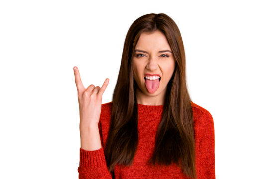 Photo of cruel rude rock fan showing you fingers crossed sticking tongue out isolated over vivid color background - Powered by Adobe