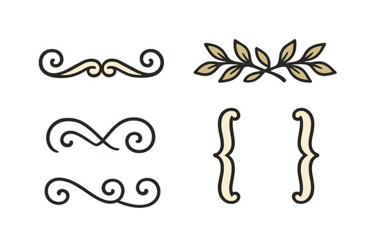 Elegant decorative swirl flourishes, leaf branch, and curly braces set for graphic design elements