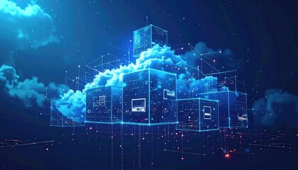 Cloud computing network, glowing cubes, digital