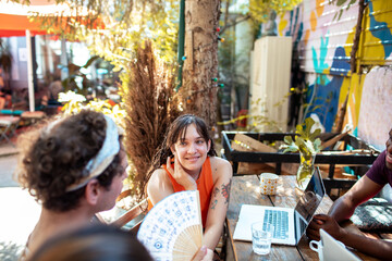 Friends gathering in a cafe