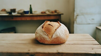 Rustic Bread Loaf on Wooden Table