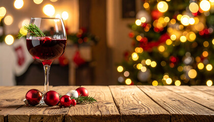 Copy space close up red wine in the glass placed with blurry furnace with pine tree as background