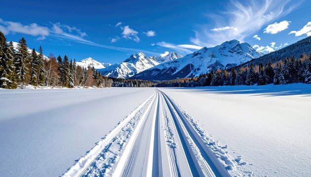 Winter wonderland vista, snow-covered landscape with ski tracks