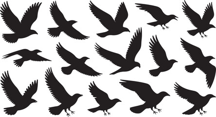 Obraz premium Collection of black bird silhouettes in flight on a white background flying