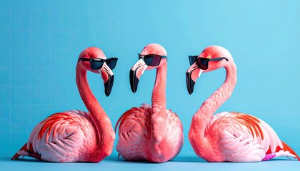 Three pink flamingos in sunglasses against a light blue background