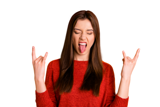 Photo of mad cruel shouting screaming rock metal fan showing you her fingers horned sticking tongue out isolated over vivid color background