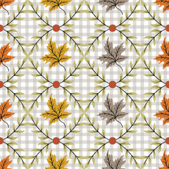 Autumn Maple Leaves Picnic Checks Vector Seamless Pattern